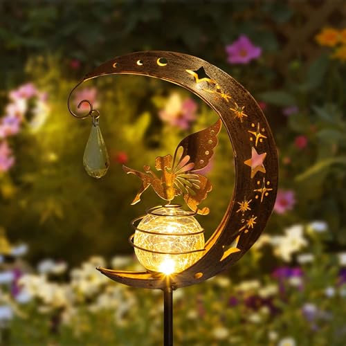 Tremdwoto solarlampen für außen Garten,Garten deko Mond Solarleuchten feengarten Elfe,Mond Engel mit Glaskugel Deko,solarlaterne für außen Geschenk Garten Gilt für Terrasse Balkon Pfad Gartendeko