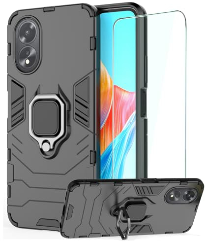 DERHAN Cover per OPPO A38 4G / OPPO A18 4G con Vetro Temperato, Custodia Protettiva Resistente Antiurto Robusta Case con Supporto - Nero
