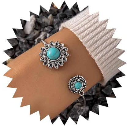 Dervivea Punk-Türkis-Armreif, verstellbar, Silber, Türkis-Armband, Türkis-Blumen-Armreif, Manschettenarmband, Türkis-Stein-Armband, Schmuck für Frauen und Mädchen (Türkis1)