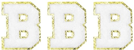 sourcing map Chenille Letters B Patches Large Size 80mm/3.15 Inch Iron-on Letters B Patches Golden Glitter Embroidered Patches for Clothing, Shoes, Hats, Backpacks Pack of 3(White)