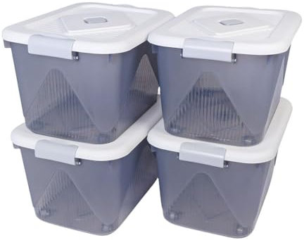 Aoki Box , Boite Rangement Plastique avec Couvercle, 45L, Lot de 4, Transparent, Clips de Fermeture, Poignée, Empilable, Portable, Solide & Durable, pour Dressing, Garage, Chambre, Bureau