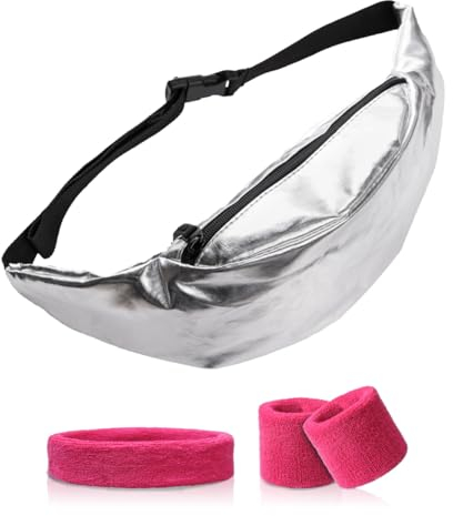 Aizgalxor 80er Jahre Silber Gürteltasche mit Schweißband Set, 90er Jahre Damen und Herren PU Leder Bauchtasche für Retro Party, Outdoor Hüfttasche Zum Wandern Hip Bag