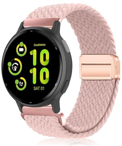 PaceBid 20mm Nylon Bracelet pour Garmin Forerunner 165/165 Music/245/645/570 42mm/Vivoactive 5/6, Tressé Magnétique Bracelets de Remplacement pour Garmin Venu Sq 2/Venu 2 Plus/Approach S50/S44 - Rose