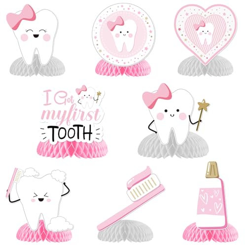 Tischdekoration Erster Zahn, 8 Stück rosa Zahn-Thema Tischdekoration „I Got My First Tooth“, Zähne Waben-Tischaufsatz für Mädchen, 1. Zahn-Party, Babyparty Dekorations