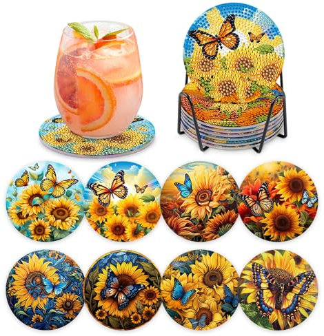 MOGTAA 8 STK Diamond Painting Untersetzer mit Halter, Diamond Painting Sonnenblume, Diamant Malerei Set Bilder Erwachsene Kinder, DIY Diamant Tassenuntersetzer mit Kork, für Home Dekor