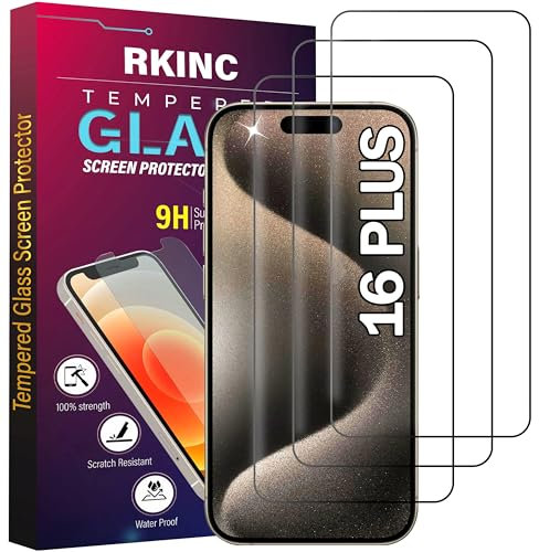 RKINC Screen Protector [3-Pack] for iPhone 16 Plus, Tempered Glass Film Screen Protector, 0.33mm [LifetimeWarranty][Anti-Scratch][Anti-Shatter][Bubble-Free]