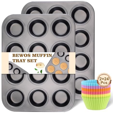 BEWOS 2 PCS Non-Stick 12 Cup Muffin Tray, Carbon Steel Cupcake Trays with 24 Reusable Silicone Muffin Cases, Dishwasher Safe Muffin Trays, Baking Moulds for Muffins or Cupcake(Grey)