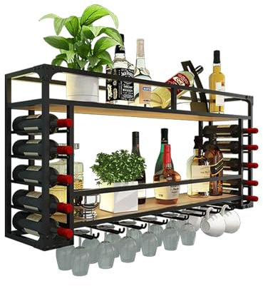 Botellero Vino Pared con Luz Vinoteca Mueble Bar Salon Garrafeira de Vino Mini Bar Wine Rack Mueble Comedor Cocina con Soporte Copas Colgante para Barra para Bar Sala de Estar y Cocina(Nero,120*25*55)