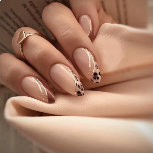 GlamRays 24 Pieces Almond Leopard Gold False Nails, Full Cover Stiletto Acrylonitrile Butadiene Styrene (ABS) Material, 1 ml (Pack of 24) - 1 Set