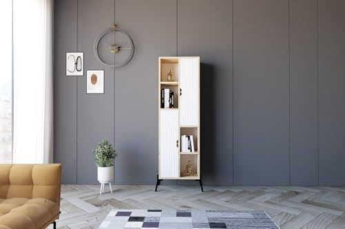 Hanah Home Scandinavian Bookshelf, Sapphire Oak & White, 48.2 x 160 x 30 cm | 100% Melamine Coated, MDF Membrane Door, Iron Legs | Stylish Storage Solution
