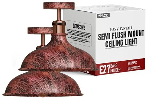 LEDSone Pack of 2 Vintage Industrial Ceiling Lights 36cm Rustic Red Lampshade Semi-Flush Mount Lighting Fixture for Livingroom, Bedroom, Kitchen Easy Fit Anti Rust Durable Metal