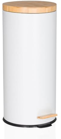 hjh OFFICE waste garbage can 30 liters, pedal bin with bamboo lid, softclose CLEAN BAMBOO metal waste garbage can with inner bin, white matt
