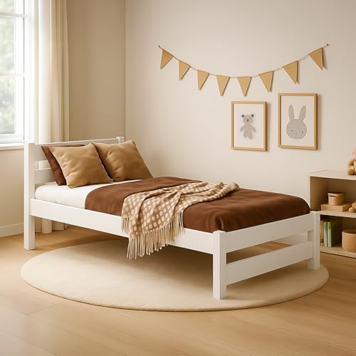 MEBLE WRÓBEL Kinderbett 80x190 cm in Weiß - Jugendbett - Kinder Bett Montessori - Einzelbett aus Kiefer Massivholz – Lattenrost – Tagesbett ohne Matratze