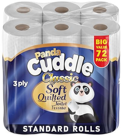 3 Ply Unscented Quilted Toilet Rolls Bulk Buy - 72 Pack Luxury Toilet Paper – Super Soft Classic Loo Roll for Comfort and Easy Flush Embossed Toilet Tissue by Panda Cuddle