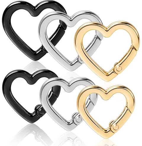 Tyqour 6 Pcs Heart Carabiner Clip Cute Keychain Hook Heart Shaped Carabiner Key Ring for Camping Accessories, Backpack Water Bottle Zinc Alloy Accessory (Gold, Silver, Black)