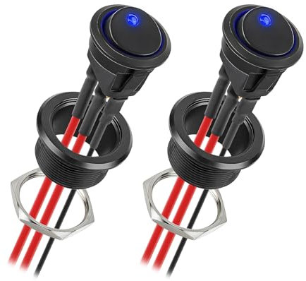 CamperXlite 20A Interrupteur à Bascule Aluminium pour Camping-Car, Mini Rond Interrupteur 12-24V avec 3 Broches/Câble 14AWG/LED Bleu pour Caravane Van Camion Voiture Yacht Bateau 2 Pièces