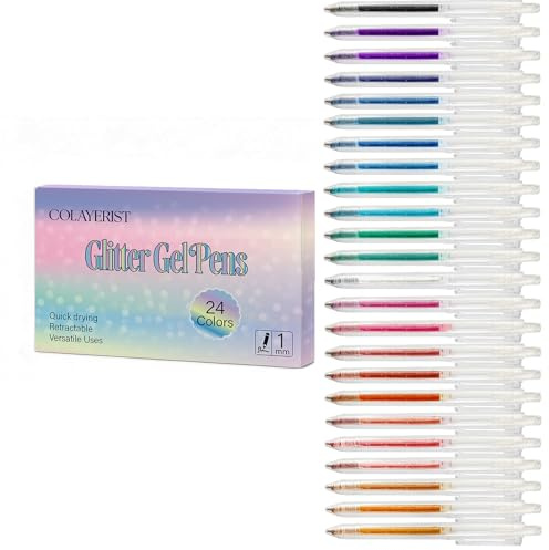COLAYERIST Glitzer Gelstifte Einziehbar, 24 Farben Glitzerstifte Set zum Ausmalen,Graffiti, Malen, Basteln von Grußkarten und Markieren wichtiger Notizen-Geschmeidig & ungiftig Glitzer Stifte