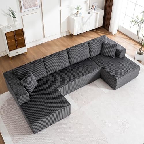 Bladez 303 cm Groß Modulares U-förmiges Ecksofa mit Schlaffunktion,3‑Sitzer aus Cord mit Extra Tiefer Sitz, Modernes Boneless Schlafcouch,mit 6 Kissen ohne Montage, Für Wohnzimmer (Grau-4-Sitzer-U)