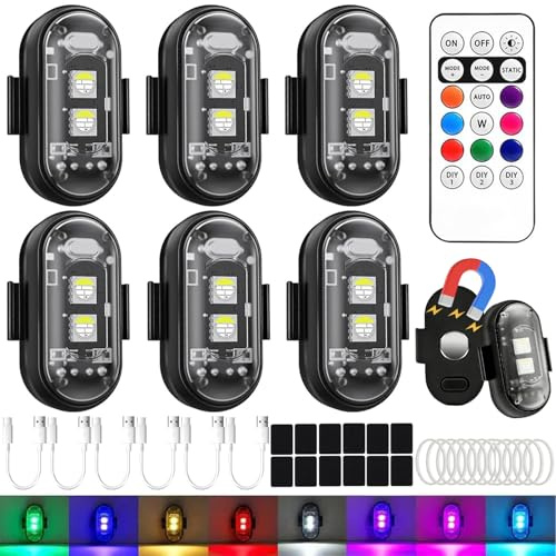 6 Stück Kabellose LED Lichter, Wasserdicht LED Blitzlicht mit Fernbedienung | 8 Farben Strobe Drone Light, Fußraumbeleuchtung Unterbodenbeleuchtung LED Innenraumbeleuchtung Blitzer für Drohne, RC-Auto
