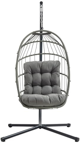 Hängesessel Grau aus Rattan, Garten Schaukel, klappbar, 15cm Kissen, Stahlgestell, Tragkraft 150kg, draußen und drinnen, Terrasse, Balkon, UV-beständig, inklusive wasserdichter Schutzhülle