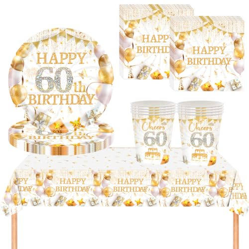 AURALIN 60th Birthday Tableware Set White Gold 53 Pieces for 16 Guests | Includes 16 nine-inch paper plates 16 cups 20 napkins and a 137 x 274 cm tablecloth for milestone celebrations