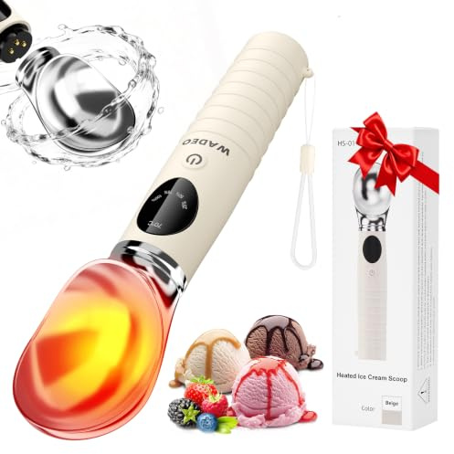 WADEO Cuillère à Crème Glacée Chauffante, Cuillère à Boule Glace Électrique | avec Écran LED, 4 niveaux Chaleur 40-70°C & Étanche IP67, 2500 mAh, Prélever Facilement Glace Dure, Lavable au lave-vaissel