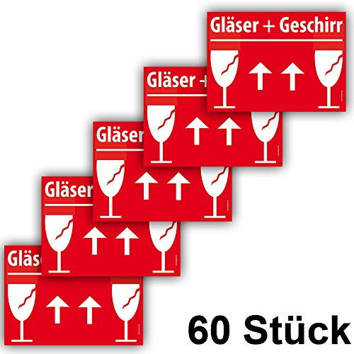 60x VORSICHT GLAS Umzugetiketten, A6 15x10cm, Aufkleber Rot, Sicherheitsetikett als Warnhinweis selbstklebend, 60 Stück