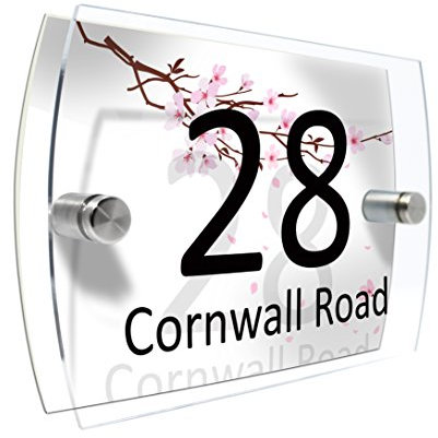 Personalised House Number Sign Printed Plaque Garden Glass Effect Acrylic Sign Door Plate Marble Wall Display 2 Part Branded Acrylic (Cherry blossom)