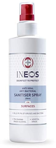 INEOS - Sanitiser Spray (250 ml) - Antibacterial Spray for Surfaces - 75% Pharma Grade Alcohol Based - Hospital Formula - Effective Against 99.9% of Viruses and Bacteria, Packaging May Vary