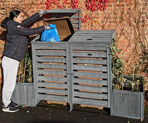 Bin Garden Double Wheelie Bin Store with Bi-Fold Roof and matching Planters. Garbage Shed for up to 240L Bins / 65G Cans. Planter Boxes for storage of two Kerbside Recycling Boxes, Painted Dark Grey