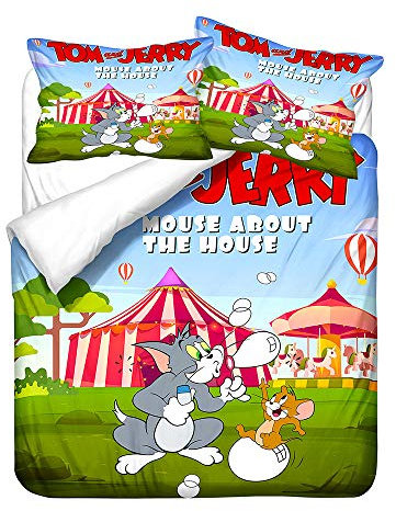 NICHIYO Tom and Jerry Bettwäsche-Set – Bettbezug und Kissenbezug, Mikrofaser, 3D-Digitaldruck, dreiteilige Bettwäsche (8, Super King 220 x 260 cm)