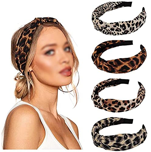 Bandeaux Imprimé Léopard Head Wraps - Bandes à Pois à Nœuds Élastiques Vintage Hairband pour Femmes et Filles (4 Pièces)