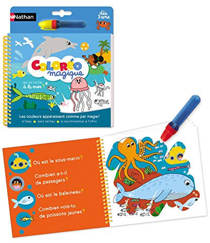 Nathan Coloréo Mer-le coloriage magique à l'eau à refaire à l'infini pour les enfants dès 3 ans, 31613, jaune, bleu, rouge