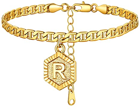 FOCALOOK Chaîne de cheville en cuivre pour femme - 22 cm - Chaîne marine avec lettres de 5 mm de large - Chaîne avec pendentif hexagonal - Bijou de pied pour l'été, 22 centimeters, Pierre