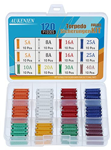 AUKENIEN 8 Values 120pcs Torpedosicherungen 5A 8A 10A 16A 20A 25A 30A 40A Torpedo Sicherungen Traktor Keramik Set Abschmelzsicherung Torpedosicherung Keramiksicherung für Oldtimer