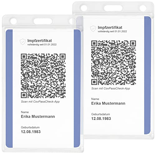 2X Impfkartenhülle aus Hart-PVC im Hochformat - Schutzhülle für neuen Impfnachweis im Kartenformat (54 x 85 mm) - Platz für Personalausweis - mit Langloch für Band