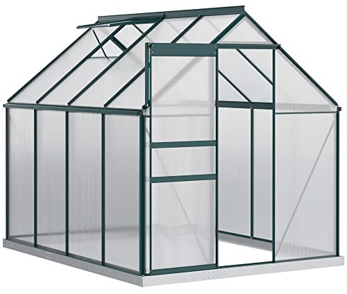 Invernadero de policarbonato para jardín Outsunny 190x253x199cm, con ventana practicable y puerta corredera, marco de aluminio, verde