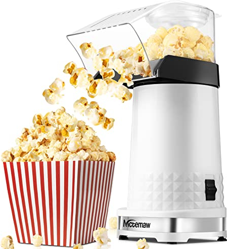 Popcornmaschine 1200W Heißluft Popcorn Maker, Popcorn Maschine, Automatische Heißluft-Popcorn-Maschine für Zuhause, mit Messbecher und abnehmbarem Deckel Weiß