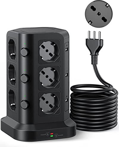 KOOSLA Multisteckdose Überspannungsschutz (4000W/16A), Revolversteckdose mit 3 unabhängigen Schaltern, 5M Kabel, Schwarz