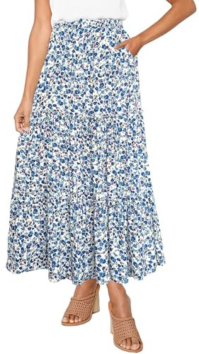 Afibi Damen-Maxirock mit hoher Taille, A-Linie, Rüschen, schwingend, lang, mit Taschen, weiß / blau, Klein