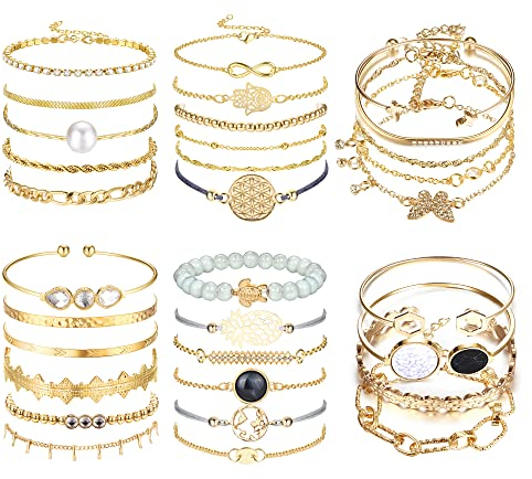 LOLIAS 32 STÜCK Boho Armband Damen Gold Mehrschichtiges Stapelbares Offenes Manschettenwickel Silber Armbänder Verstellbar Mode Büroklammer Kubanische Armband Set Schmuck für Mädchen Geschenk