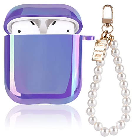 Niedliche Funkelndes Stoßfeste Kopfhörerhülle für AirPods 1&2 mit Perle Schlüsselanhänger, Weiches Silikon TPU Anti-Rutsch Ultradünn Kein Geruch, Elegant Glänzend Violett Design der Hülle für Mädchen