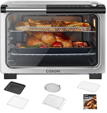COSORI 11 in 1 friggitrice in ceramica tostapane, elementi riscaldanti sigillati piatti per una facile pulizia, innovativa funzione bruciatore, 5 accessori e ricette, 26 quarti, argento,