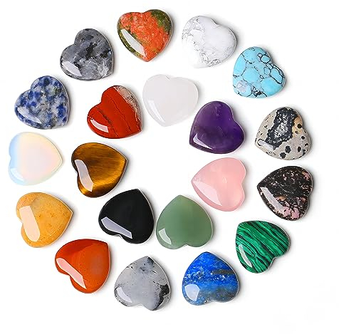 QINJIEJIE 20 Stück Natürlicher Edelsteine Herz Kristalle Steine Jahrestag Geschenk Poliert Herz Handschmeichler Stein Bunte Glückssteine Reiki Steine Set Kristallsteine für Dekoration