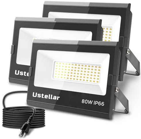 Ustellar Lot de 3 projecteurs d'extérieur à brancher, 80 W, équivalent à 800 W, 24 000 lm, lumière de travail portable et lumineuse IP66, étanche IP66, lumière du jour 5000 K, lumière du jour blanche