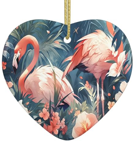 Aquarell Tropischer Flamingo-Weihnachtsschmuck, herzförmige Weihnachtsdekoration zum Aufhängen, Ornament für Weihnachtsbaumschmuck, Keramik-Andenken, Weihnachts-Keramik-Ornament, Heimdekorationen