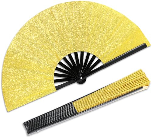 Qyeahkj Large Glitter Gold Folding Hand Fan for Men Women, 33cm Closed/63cm Open, Clack Design, Multi-Purpose