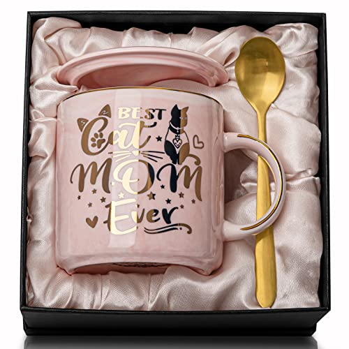 Biching Cat Mum Mug Gifts for Women, Cats Lovers Gifts - 14oz Pink Ceramic Marble Gold Pattern Coffee Mug with Gift Box, Christmas Gifts for Crazy Cat Lady, Mum Wife Friends