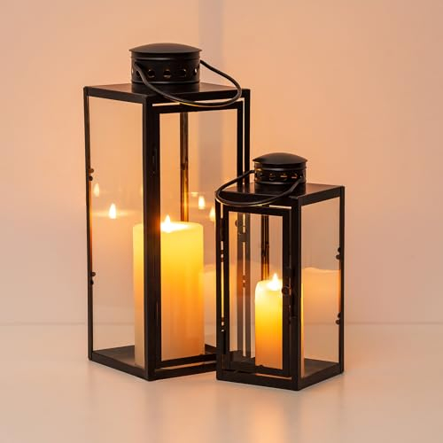 NUPTIO Laternen Set Schwarz für Kerze: Metall Laterne Deko Outdoor Groß Friedhof Kerzen Wetterfest Kerzenlaterne Garten Draußen Kerzenhalter Windlicht Grablaterne Gartenlaterne 24cm&35cm