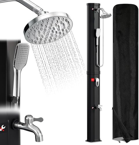 Randaco Doccia solare per giardino, acqua calda fino a 60°C, senza collegamento elettrico, per piscina, campeggio, con piediera e soffione a pioggia orientabile, nero (60L)